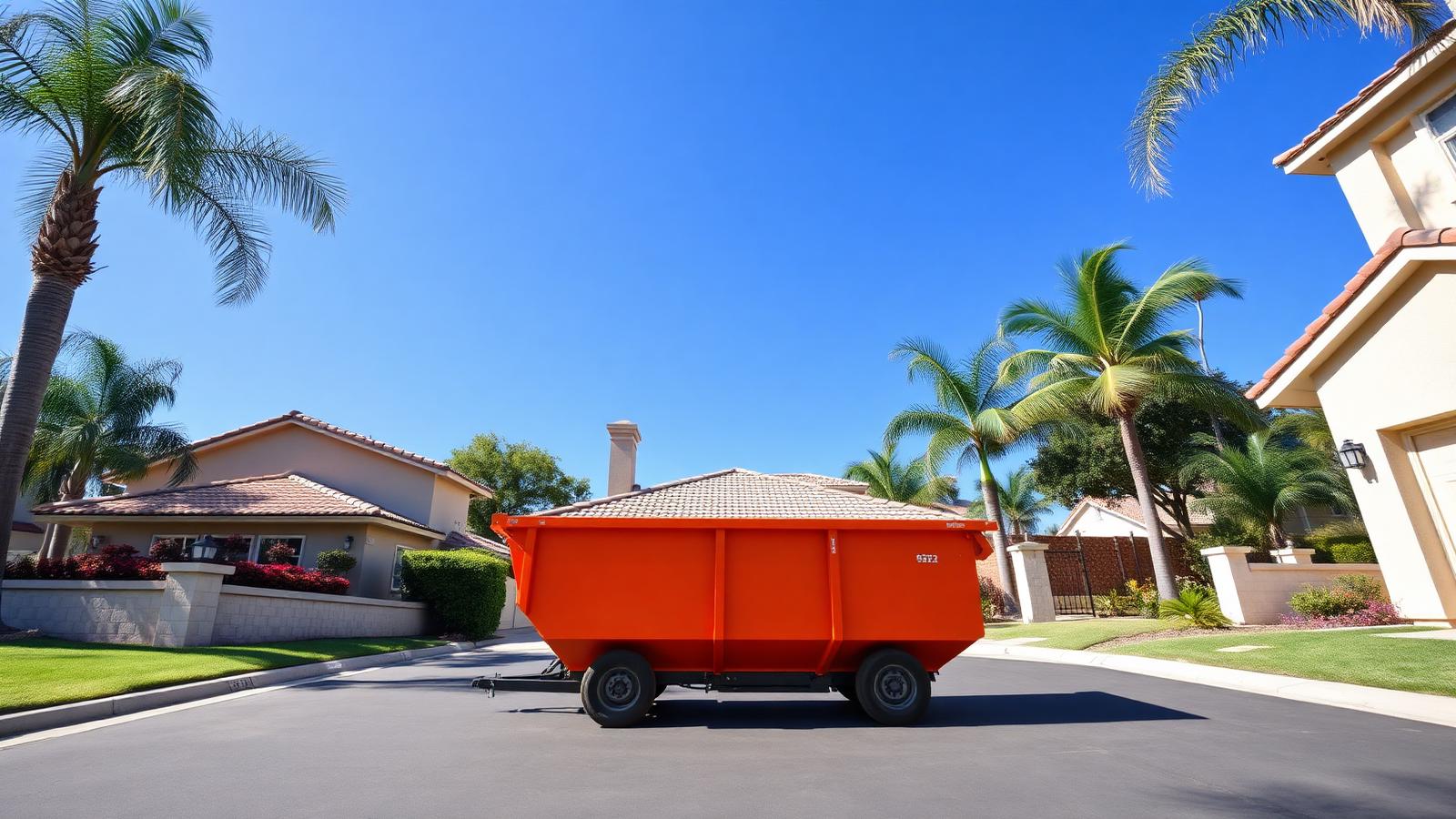 Orange roll-off dumpster delivered to a Montebello California driveway